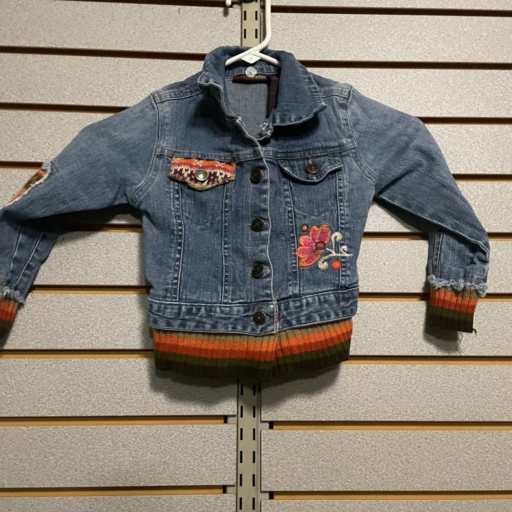 VTG Mary Kate and Ashley Denim Jacket Colorful Knit Trim Flower Embroidery Girls